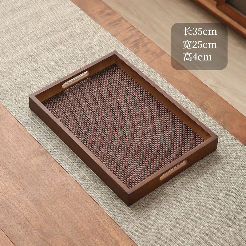 中式风餐厅牛排烧烤盘子重竹棕栗色长方形提手【35*25*4】+仿竹垫