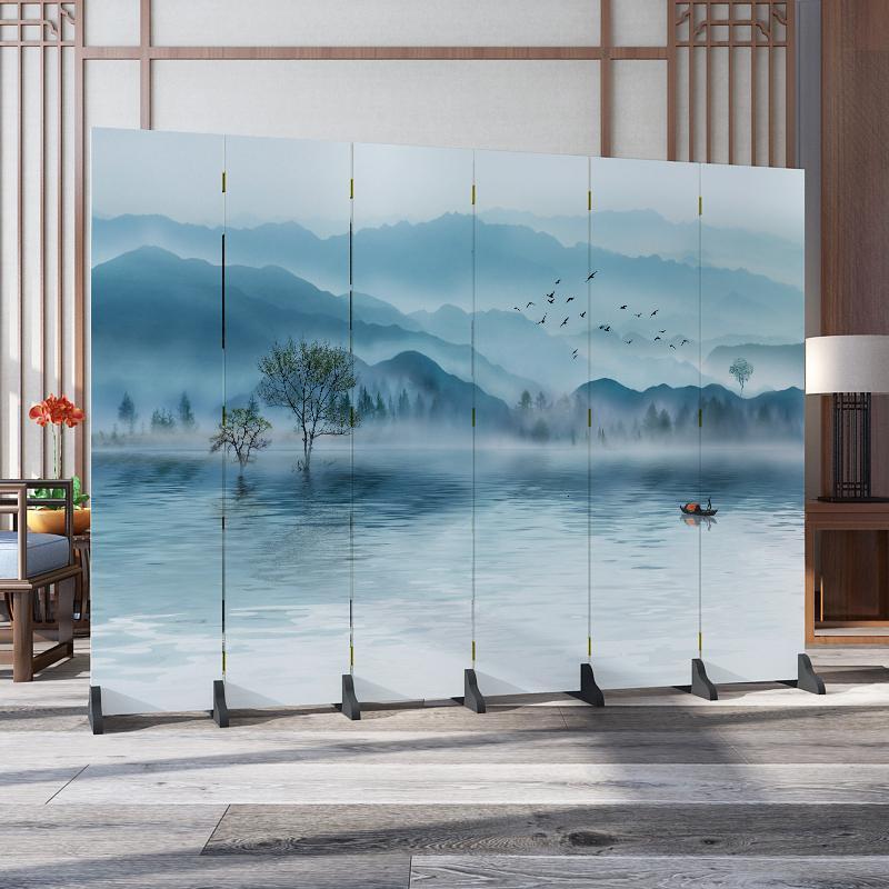 森美人北欧简约屏风隔断墙卧室遮挡家用客厅餐厅折叠移动布艺经济型折屏 荧光黄花鸟山水19