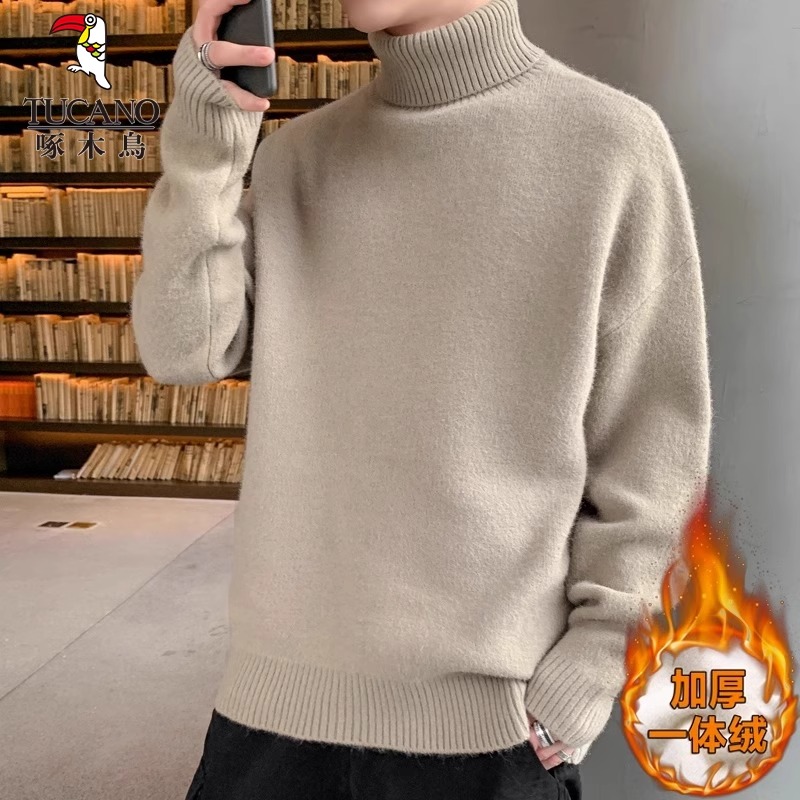 啄木鸟高领一体绒毛衣男士冬季加绒加厚宽松休闲潮流保暖针织衫男高清大图