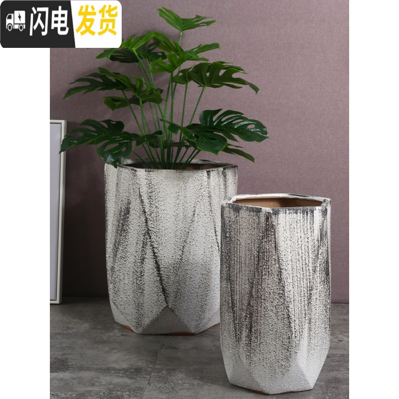 三维工匠北欧高筒陶瓷花盆特大大 大号家用创意君子兰盆景阳台托盘室 麻点-褐色[送托盘、垫片] 大花盆容器高清大图