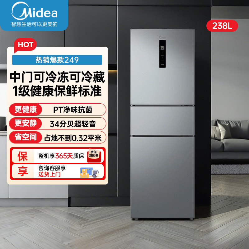 美的(Midea)238升三门冰箱灰色风冷无霜家用变频一级能效宿舍租房冰箱MR-249WTPE钛钢灰-星烁高清大图