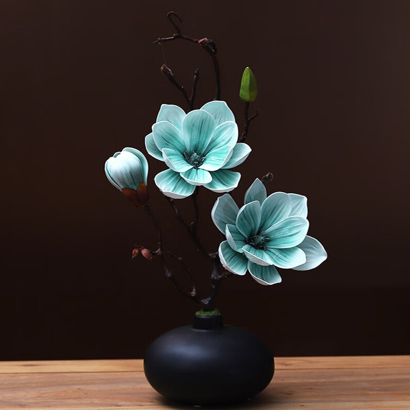 小窝厘 仿真玉兰花套装陶瓷花瓶桌面假花装饰 黑花瓶+松石绿套装