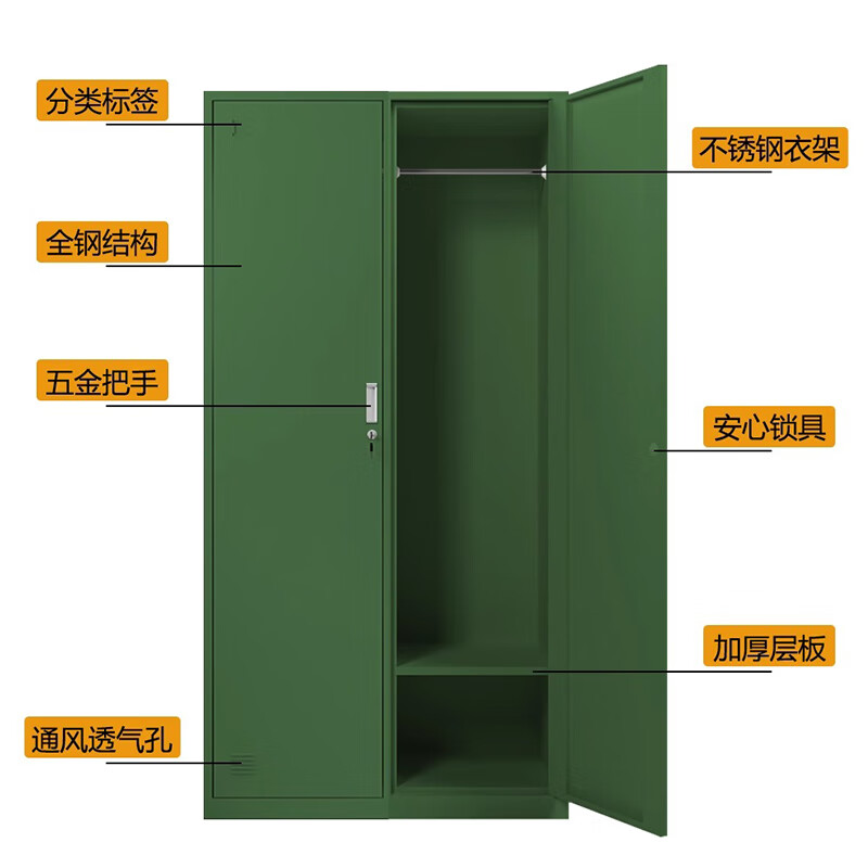 湘渭铁皮更衣柜宿舍储物柜钢制内务柜制式绿皮衣帽柜绿色2门更衣高清大图
