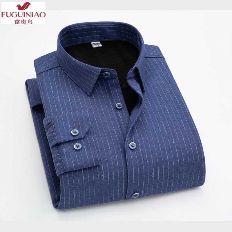 富贵鸟fuguiniao秋冬款男士保暖衬衫加厚加绒休闲爸爸装时尚休闲条纹
