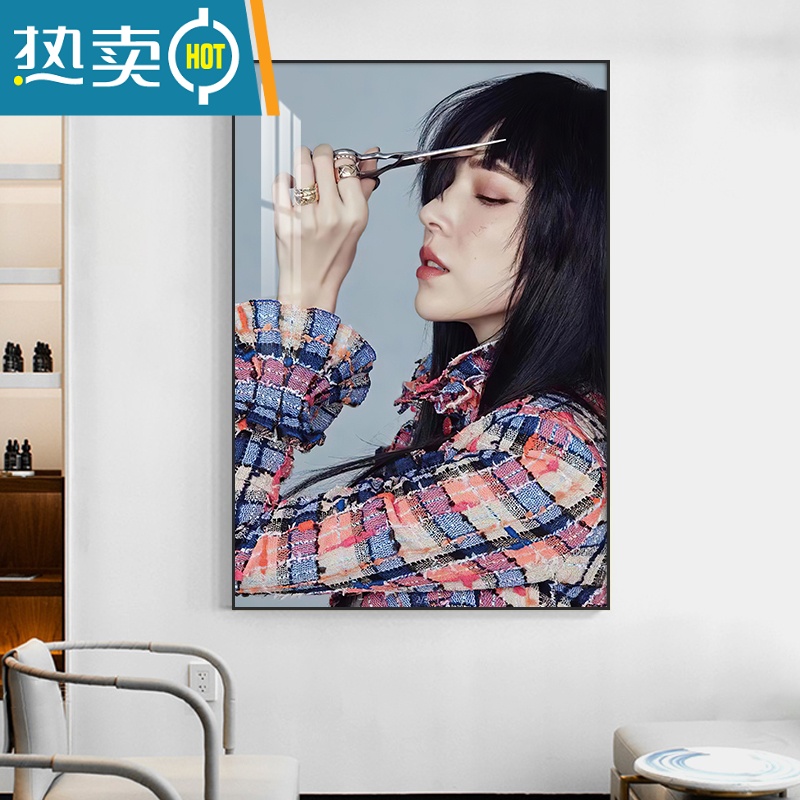敬平美发店装饰画理发店墙面壁画网红发型创意挂画酒吧发廊背景墙海报装饰画 113761 油画布画面NX布纹肌理质感十足50*70经典黑框