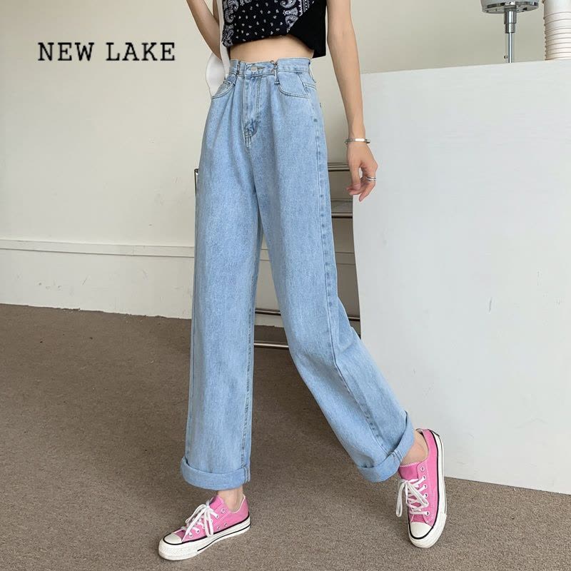 NEW LAKE夏季小个子高腰白色牛仔裤女装美式垂感阔腿长裤粉色直筒裤子薄款图片
