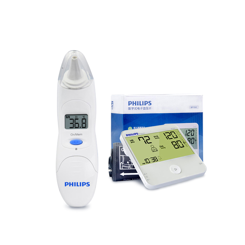 飞利浦(PHILIPS)红外线体温计耳温枪TH889S儿童宝宝婴儿家用 电子血压计BP700C组合装