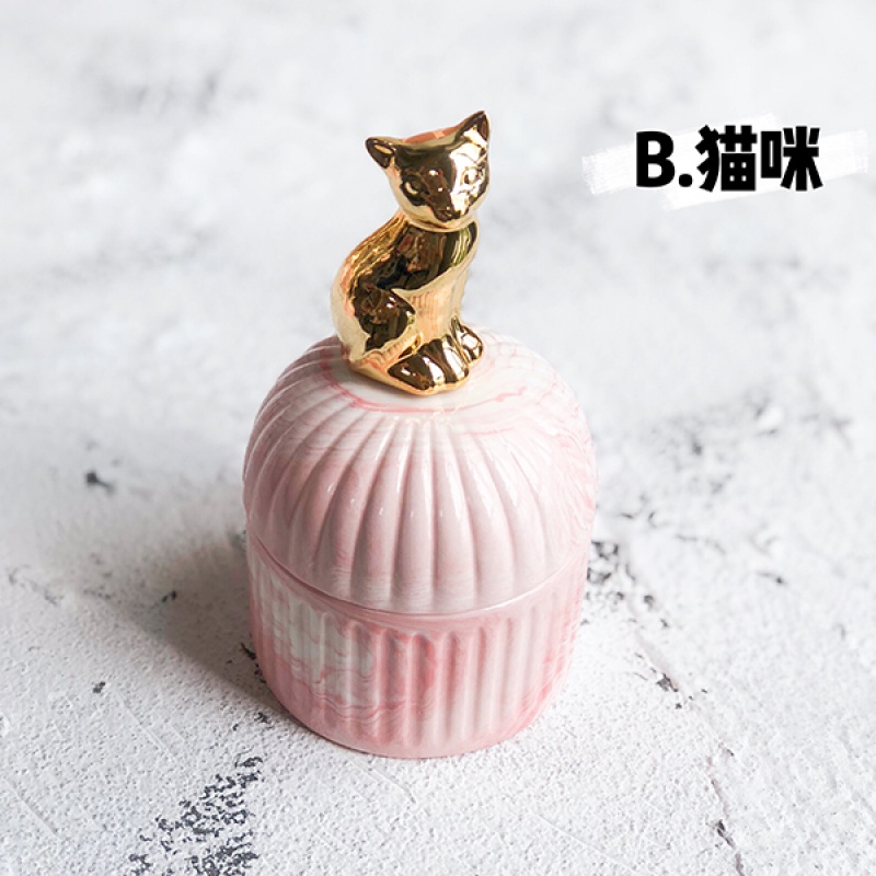 ins莓牛奶色收纳罐北欧少女心动物陶瓷桌面摆件首饰盒卧室装饰 三维工匠 B.猫咪高清大图