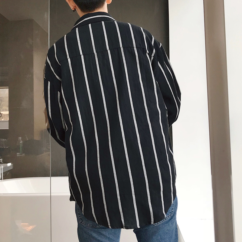 夏季小清新百搭条纹长袖衬衫男士宽松青年外套学生韩版休闲上衣服
