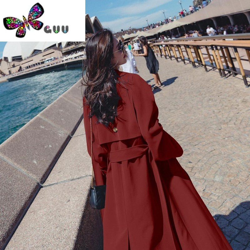 语娄酒红色风衣外套女中长款2023新款流行气质休闲英伦风收腰大衣