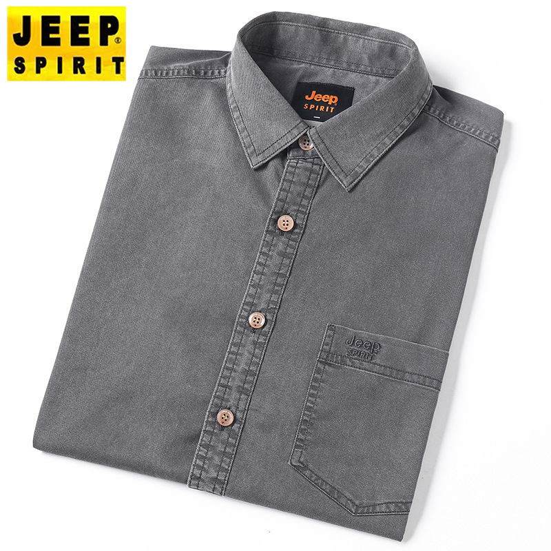 JEEP SPIRIT夏季男士天丝短袖衬衫宽松休闲透气上衣纯色青年翻领衬衣 灰色 XL