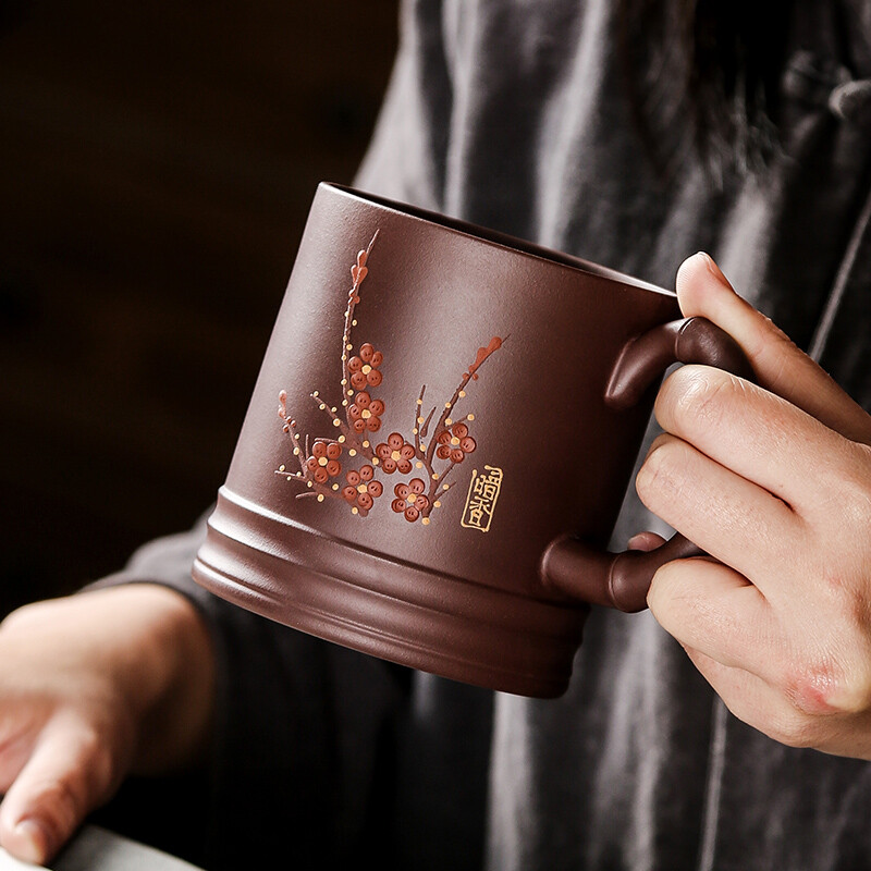金镶玉 梅花暗香杯 紫砂杯功夫茶具办公杯 宜兴原矿紫砂手工泡茶杯水杯 330ml高清大图