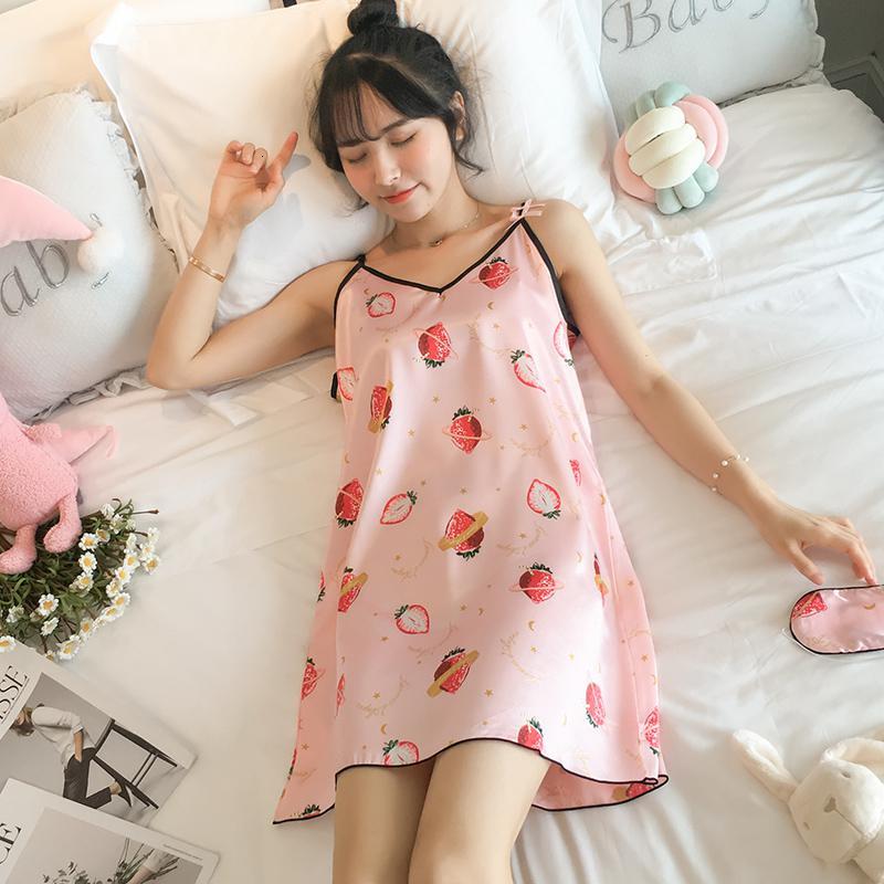 睡裙女夏季薄款冰丝吊带莓睡衣性感丝绸夏天学生可爱大码家居服