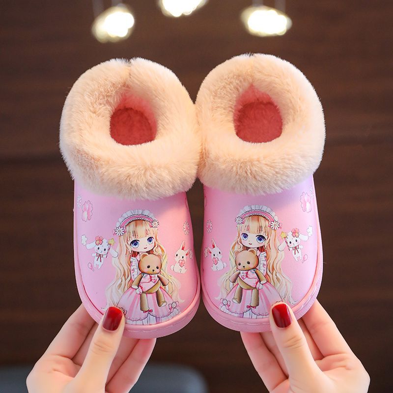 加厚儿童拖鞋超萌PU皮面防水可爱公主防滑男女卡通亲子鞋高清大图