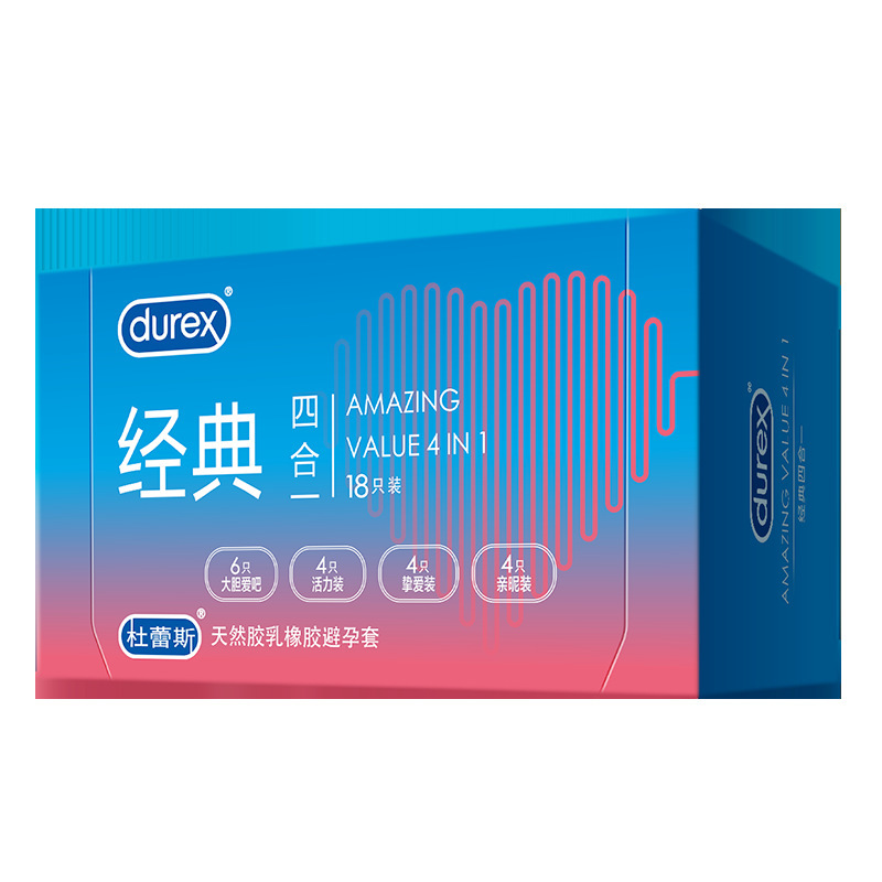 杜蕾斯(Durex)避孕套经典四合一组合装安全套计生用品超薄款润滑型非螺纹颗粒套无香型成人情趣性用品
