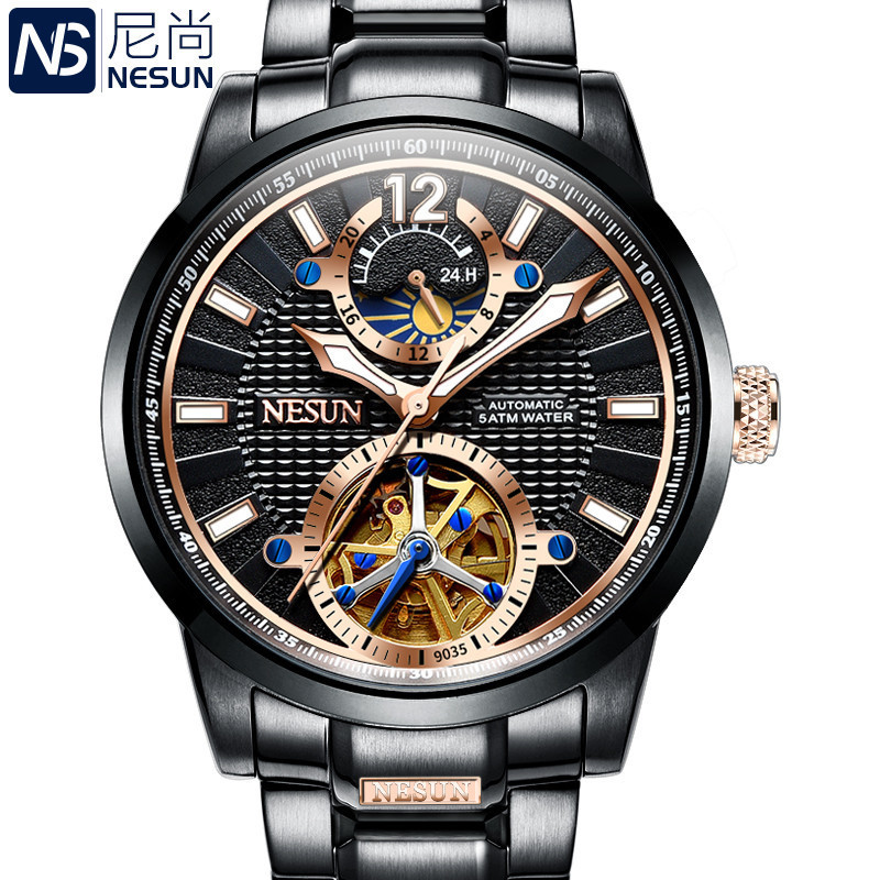 尼尚(NESUN)正品手表男运动陀飞轮全自动机械表 男表潮流男士黑色镂空休闲时尚防水男表S9035