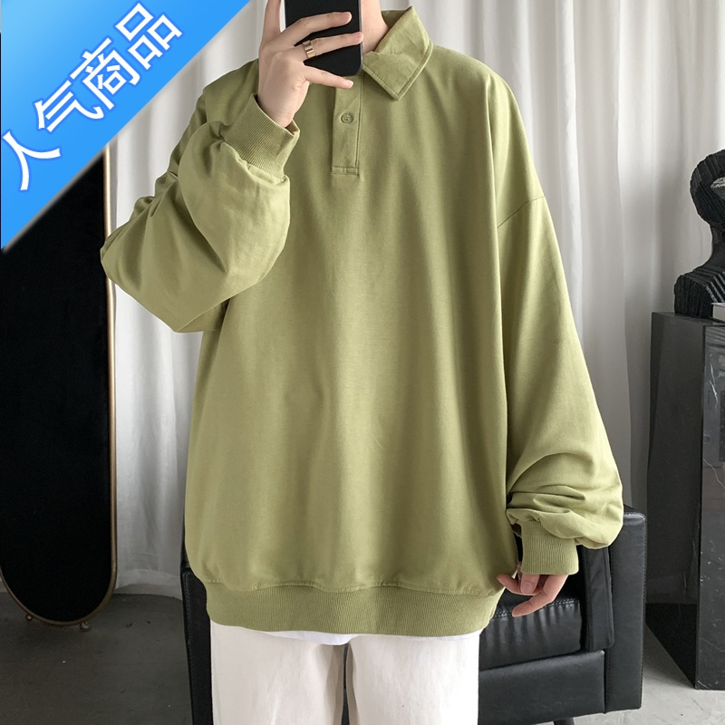 喻娄polo衫t恤男长袖春秋ins港风宽松高街打底衫潮牌衣服秋季圆领卫衣T恤