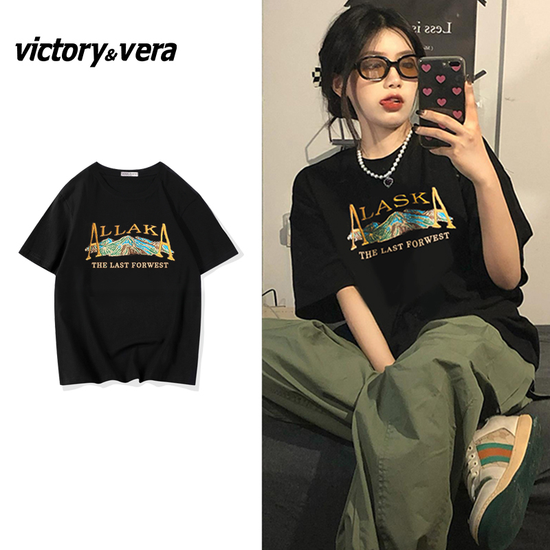 Victory&vere黑色短袖女夏2022新款韩版宽松休闲印花圆领T恤上衣