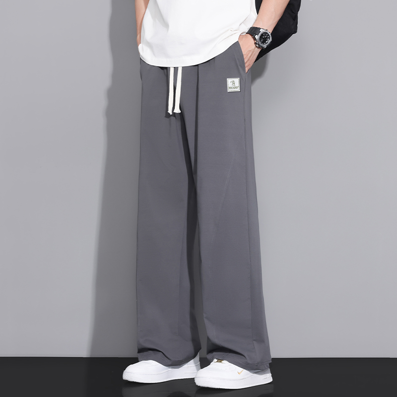 啄木鸟男士休闲裤子夏季薄款2025新款宽松直筒黑色冰丝运动卫0休高清大图