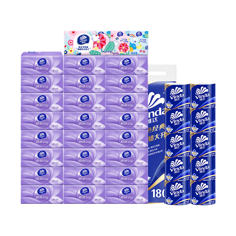 维达 VINDA 超韧抽卷手帕家庭用纸组合（34包+10卷） -LX