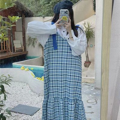 蓝格(高品质) S 韩版复古蓝色格子背带裙女2022春秋季长裙百搭早秋长款学院风宽松