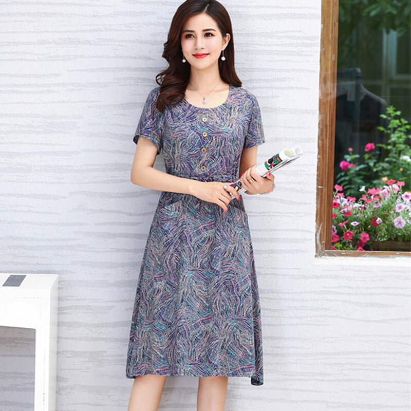 中老年女装妈妈装连衣裙全棉布短袖中年人夏装棉绸大码棉麻长裙子1号