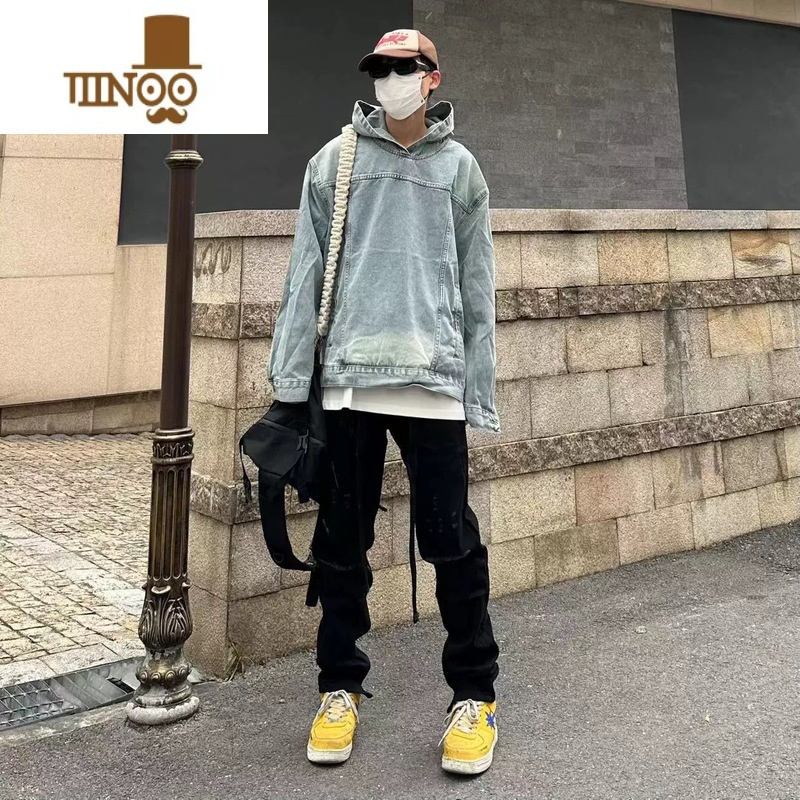 yanxu美式高街复古水洗连帽牛仔卫衣男周杰伦同款宽松百搭外套潮