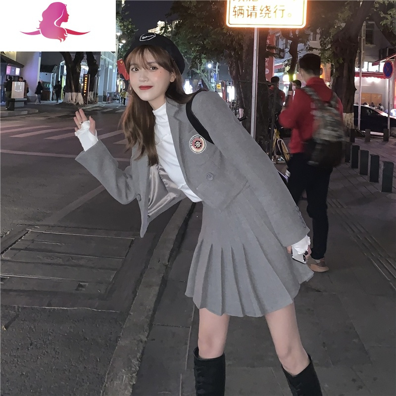 艳如飞学院风约会小个子显高套装女百褶半身裙+毛呢西装外套两件套洋气套装