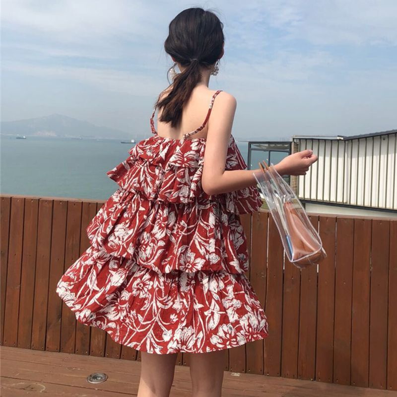 夏季韩版交叉带一字领无袖连衣裙宽松腰短裙裙女 图片色 均码