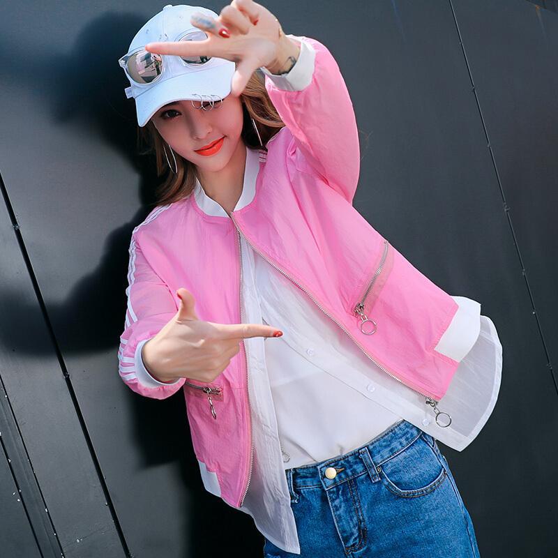 防晒衣女2018夏季轻薄假两件条纹棒球服凉爽透气防嗮衫短外套