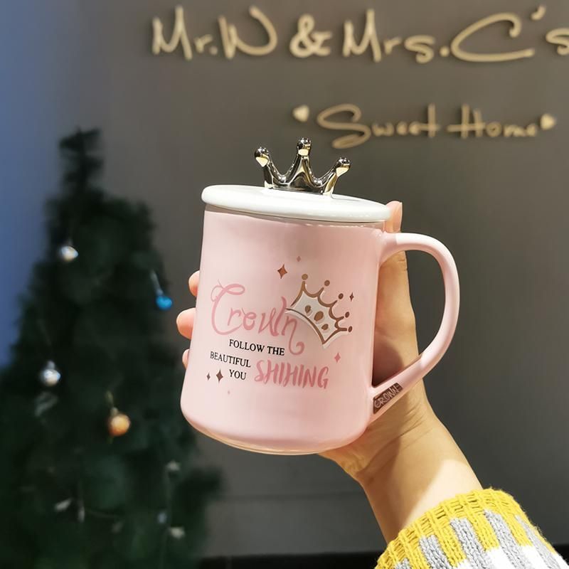 好看的水杯可爱学生杯子少女办公室家用马克杯带盖勺高颜值ins风 粉杯-星星皇冠