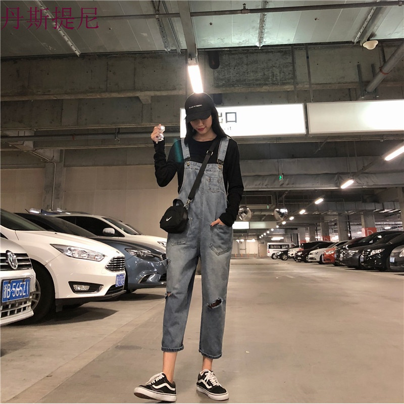 秋装女装韩版宽松复古做旧背带连体裤牛仔裤高腰破洞阔腿裤九分裤