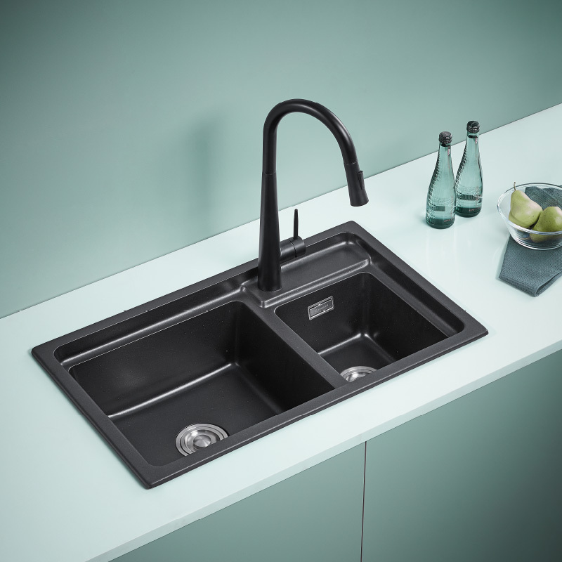 法恩莎卫浴双槽水槽厨房大容量石英石洗菜盆洗碗池fe34001洗碗槽视频