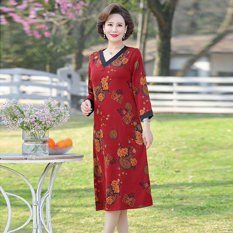 妈妈装长袖连衣裙洋气妇女长裙中老年女装春装裙子中长款遮肚显瘦 广赫