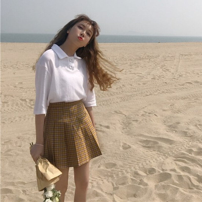 里小姐~夏装女装韩版可爱polo领短袖T恤纯色学生休闲上衣白色均码