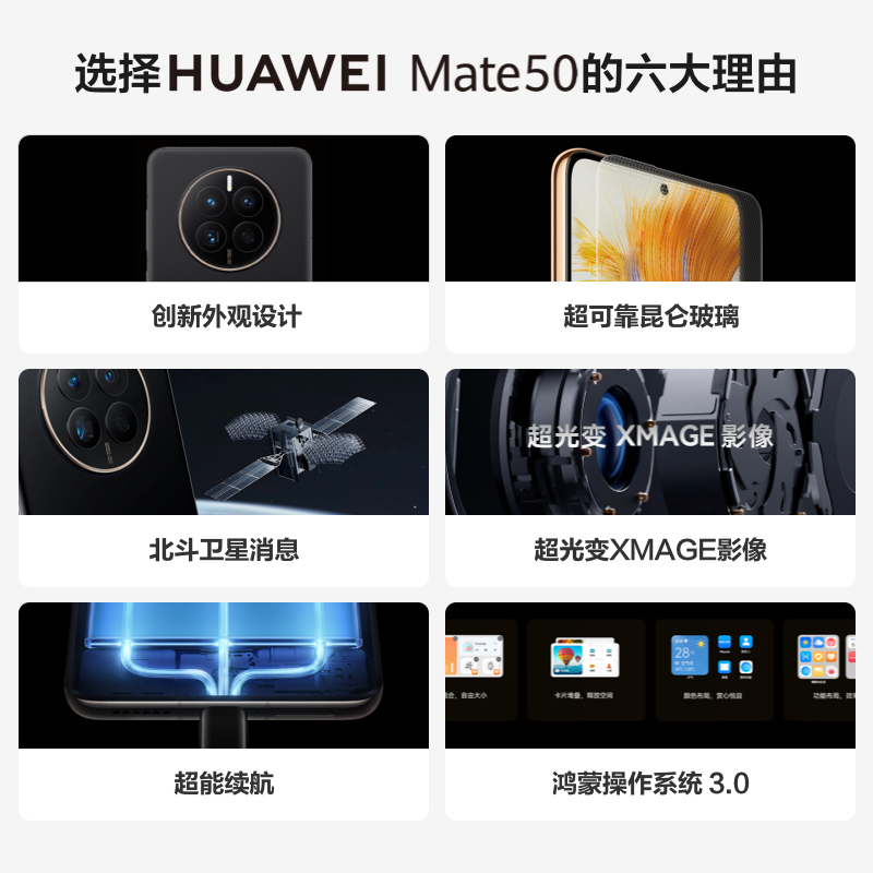 [全新]华为Mate50 8GB+256GB 曜金黑 66W快充 新骁龙8+芯 光变XMAGE影像 鸿蒙系统3.0 90Hz直屏 支持北斗卫星消息 全网通4G手机高清大图