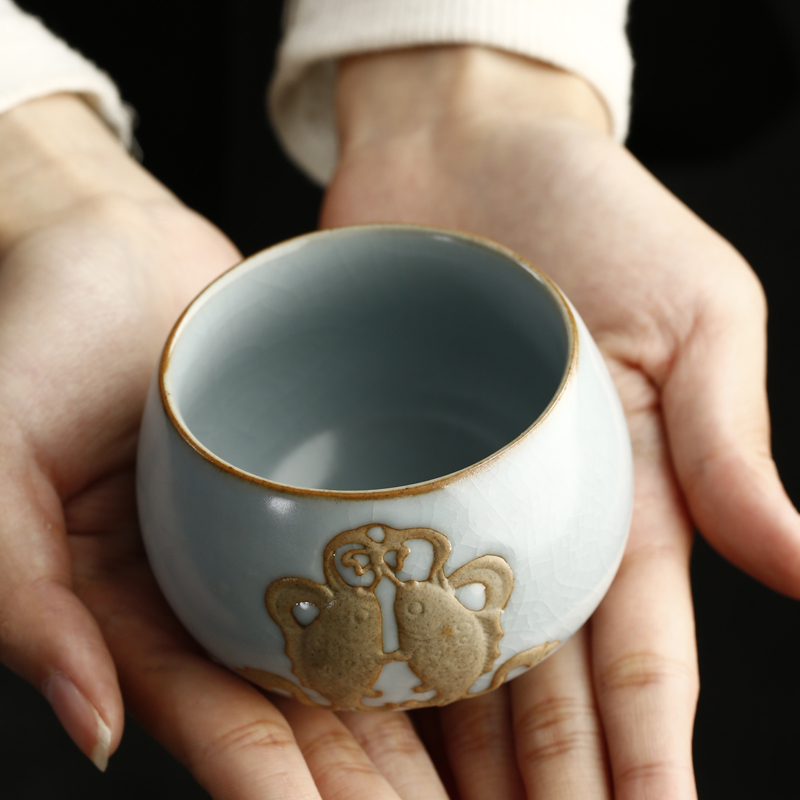 戴云品格 汝窑品茗杯茶碗手工茶杯主人杯 汝瓷单杯开片茶盏陶瓷茶具茶礼品 双鱼杯礼盒