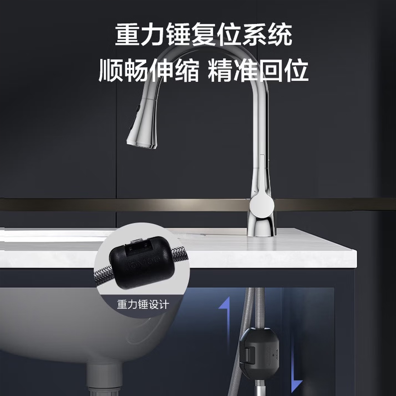 九牧（JOMOO）厨房龙头抽拉式冷热水龙头三水花水槽洗菜盆可旋转锌合金龙头33167-594/1B-Z高清大图