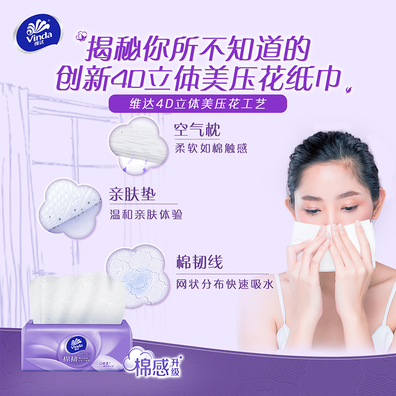 维达棉韧立体美4D压花抽纸3层S码90抽24包 家用实惠装餐巾纸面巾纸卫生纸纸巾(整箱销售)(新旧包装交替发货)高清大图