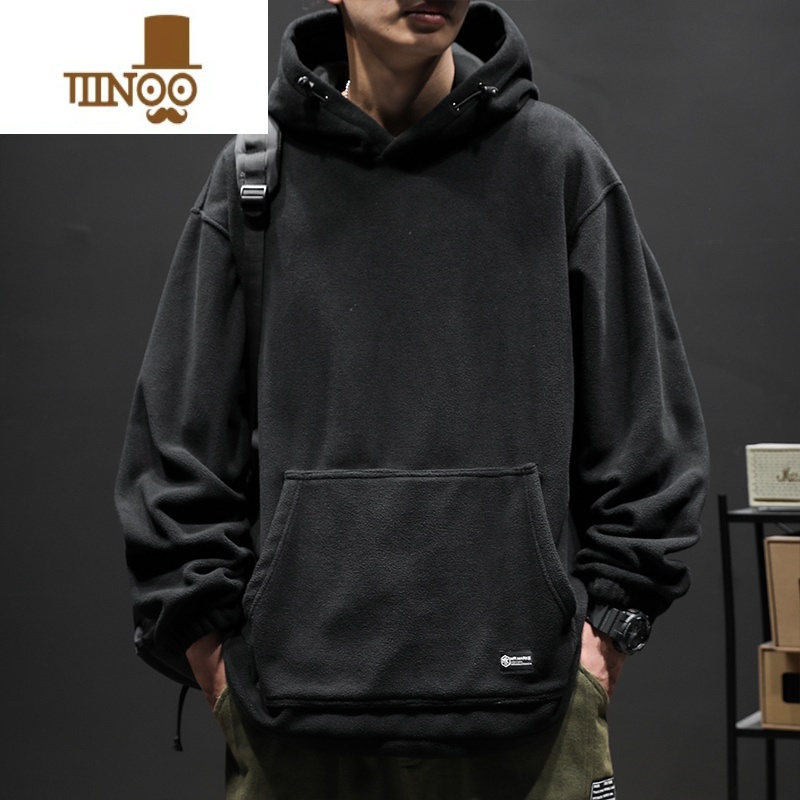 YANXU冬季摇粒绒连帽卫衣男加绒加厚休闲宽松大码羔绒套头长袖上衣长高清大图