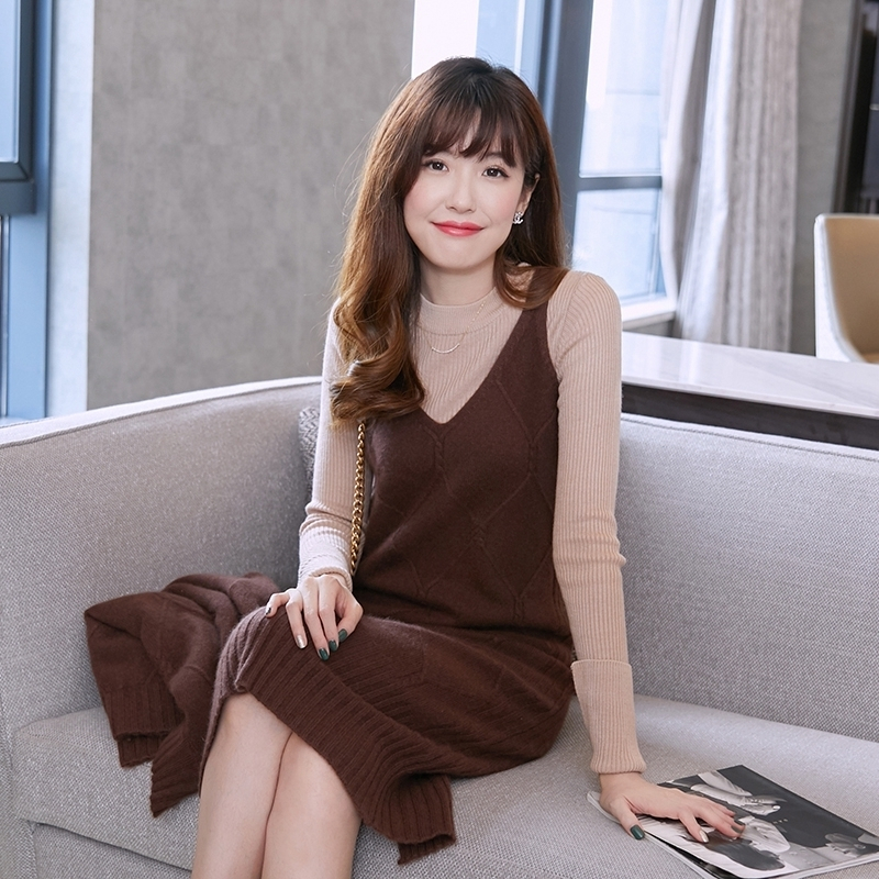 18秋新款羊绒衫女带连衣裙两件套高领针织毛衣宽松长袖长裙