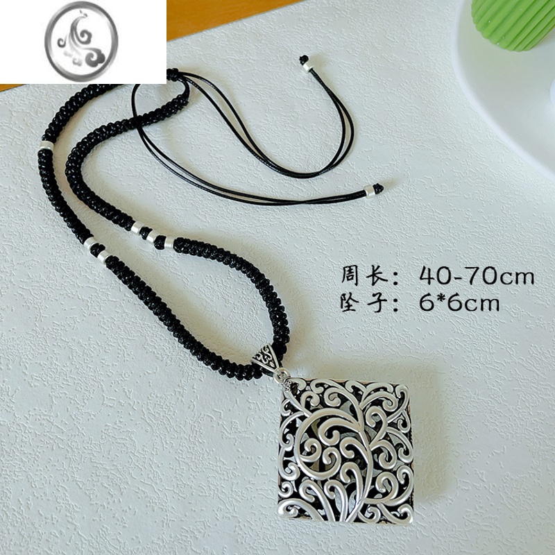 JiMi复古民族风短款锁骨链女四方来财大象双喜字吊坠藏银饰品项链挂件 抽拉编织黑绳四方来财