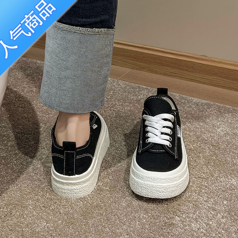 SUNTEK原创小众设计经典小黑鞋女2023年夏季新款百搭韩版帆布鞋厚底板鞋高清大图