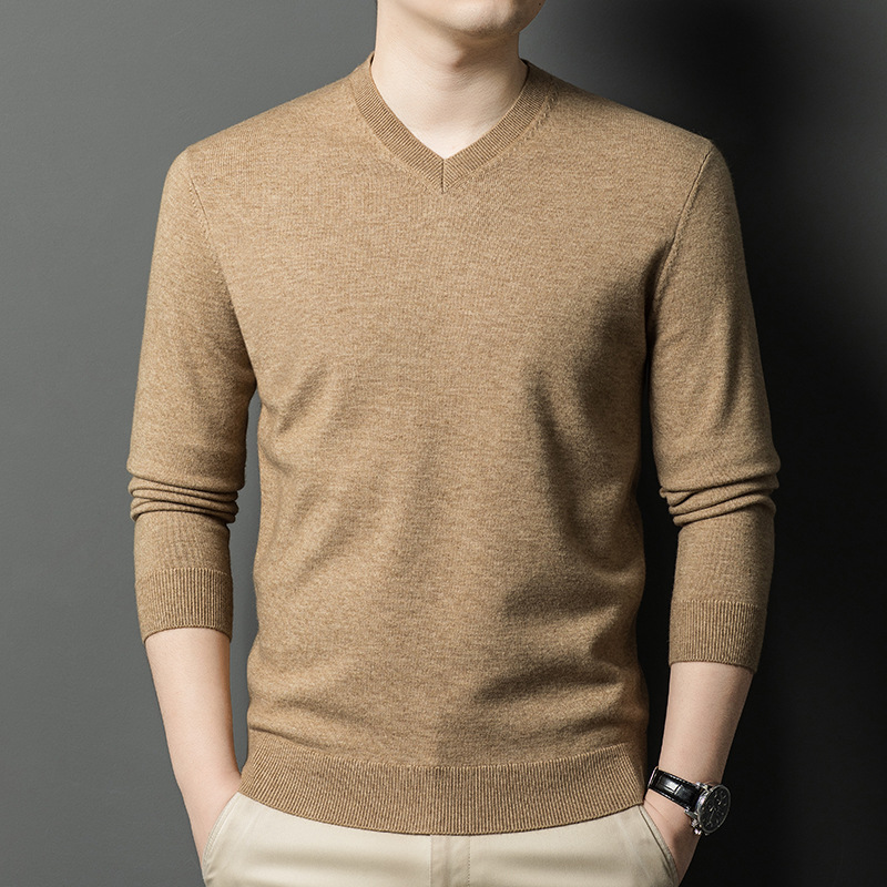 羊毛衫男士V领毛衣秋冬季新款鸡心领加厚保暖可机洗羊毛衫男 新驼色 XXL