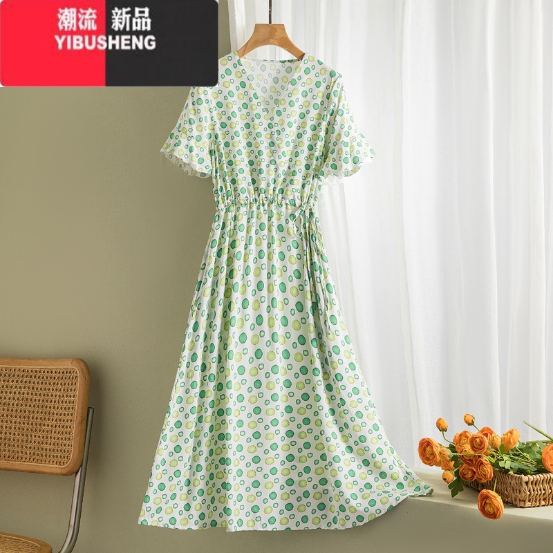 YIBUSHENG2024新款高级棉绸连衣裙女季人造棉碎花大摆裙显瘦外穿绵绸裙子 清新绿波点喇叭袖口 XL建议115-125斤