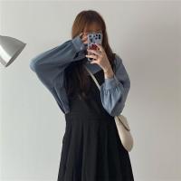 秋季套装女学院风韩版宽松百搭衬衫+长款黑色背带连衣裙两件套女 蓝色衬衫[关注店铺送小礼物] S