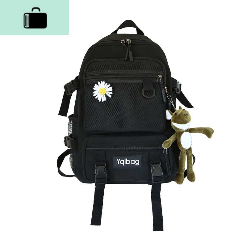 书包女韩版时尚潮流简约大容量旅行背包高中大学生情侣双肩包男NEW LAKE 黑色+大牙猪+鱼头猫+小雏菊胸针