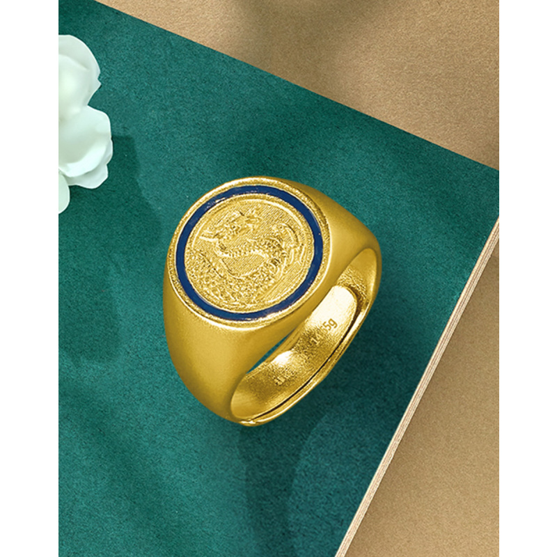 老庙黄金鸿运升升大哥戒古法黄金唐龙珐琅戒指计价