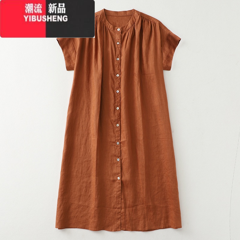 YIBUSHENG亚麻衬衫裙女宽松显瘦气质日系小众设计感褶皱全开襟棉麻连衣裙