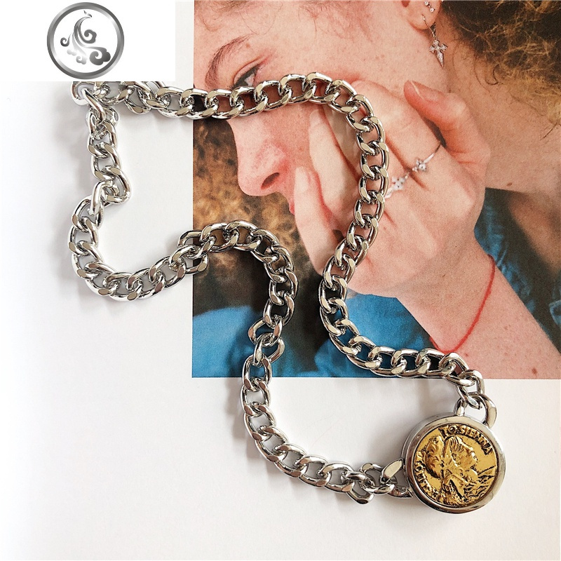 欧美设计感钱币头像复古潮人项链锁骨链设计感网红ins圆牌颈链酷jimi